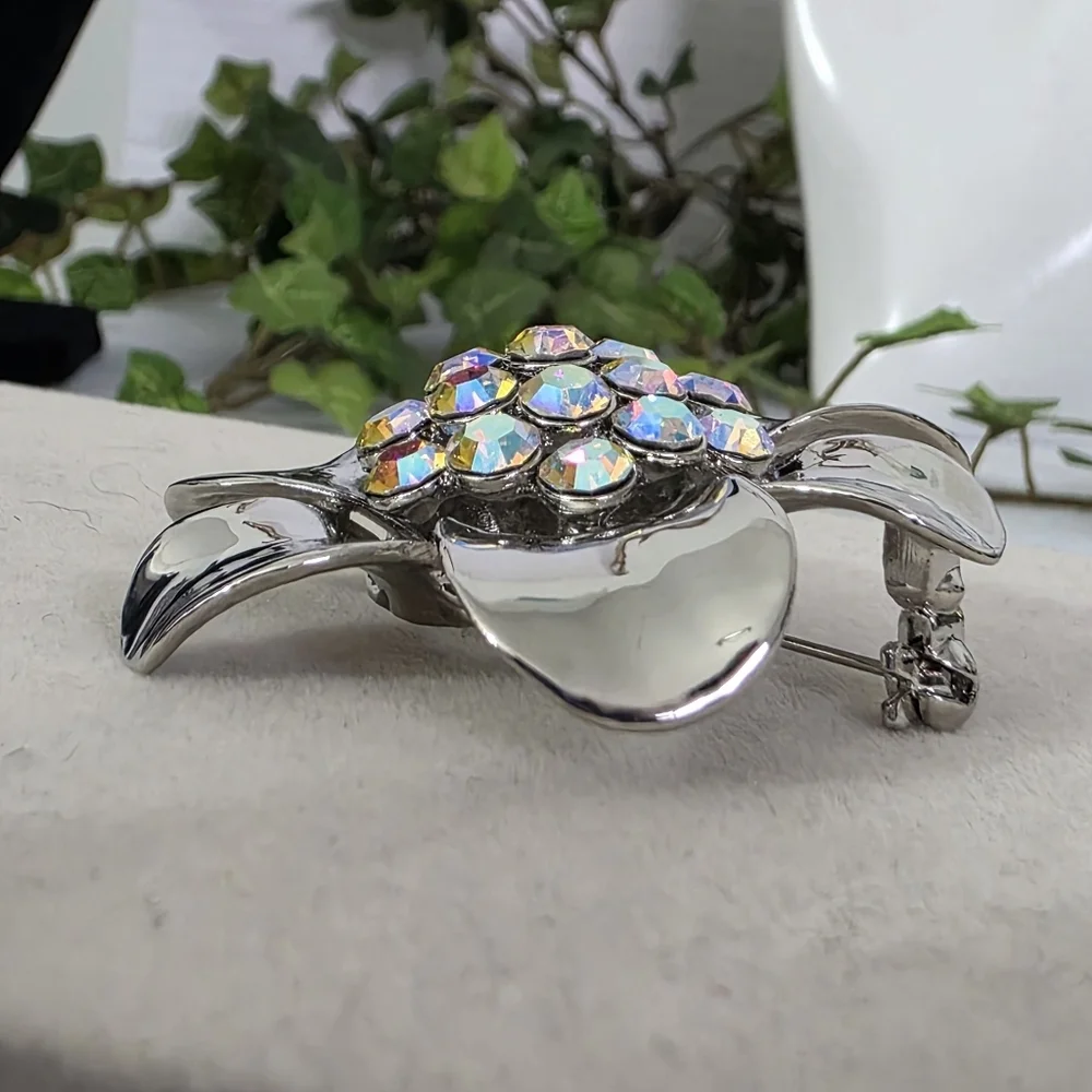 Silver Flower Brooch Pin with AB Crystal Stone Center